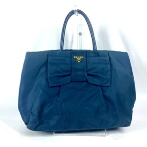 PRADA Logo ribbon Tote Bag Hand Bag Nylon Blue Based - Foto 1 di 17