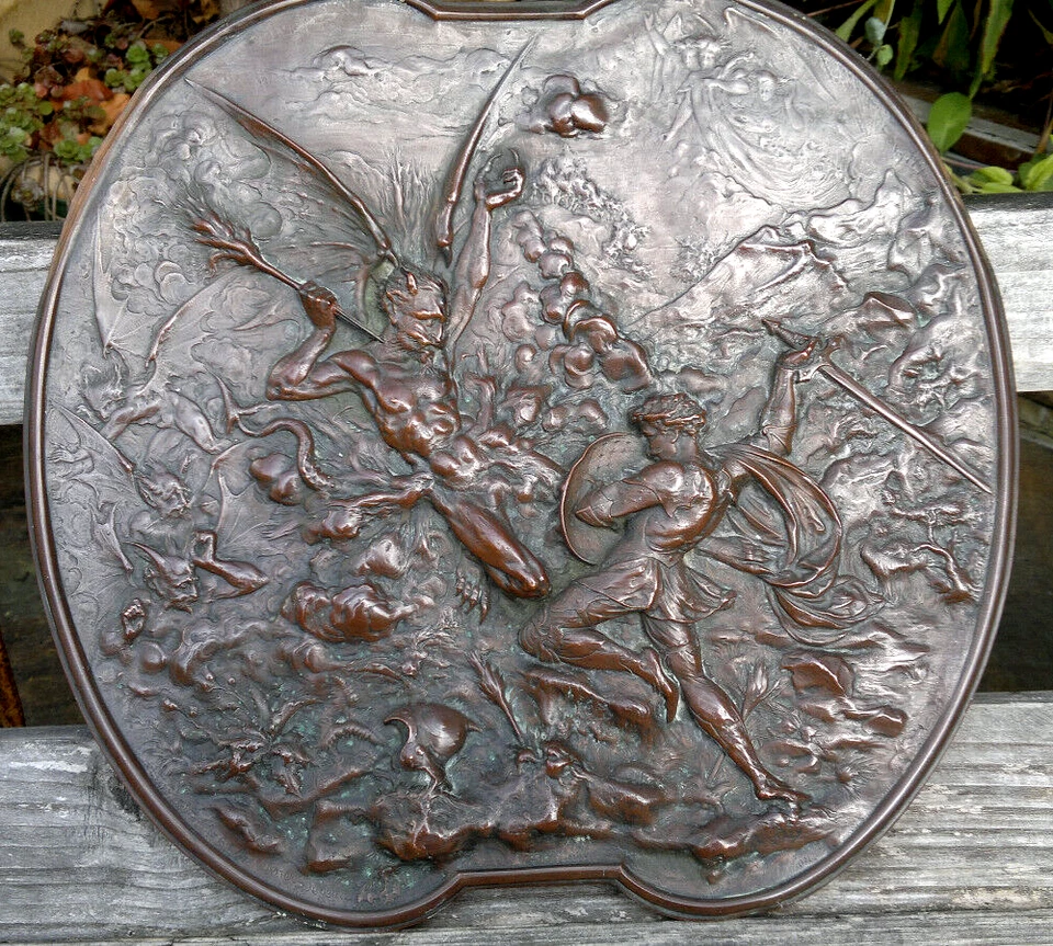 Antique c1878 Elkington & Co ~ St Michael Slaying the Devil Wall Plaque ~ 13.5" - Image 1 of 4