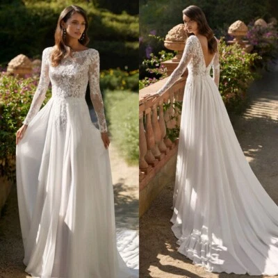 Elegant White Wedding Dresses Scoop Neck Long Sleeved Lace Applique Bridal Gowns - Image 1 of 4