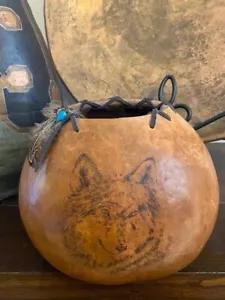 Spirit Rock Signed Gourd Art Pyrography Wolf Turquoise Feathers Southwest - Picture 1 of 6