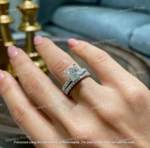 3Ct Princess Cut Moissanite Bridal Engagement Ring Set 14K White Gold Plated - Picture 1 of 8