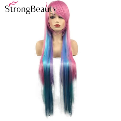 Peluca larga recta ombre púrpura azul rosa para mujeres niñas cosplay cabello resistente al calor Foto 1 de 4