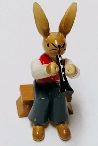 Vintage German Erzgebirge Wooden Musician Bunny Rabbit Playing Flute Ornament - Picture 1 of 4