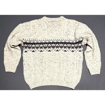 Винтажный мужской свитер LL Bean Wool Fishermans цвет слоновой кости бежевый вязанный по кабелю Ирландия - Изображение 1 из 4
