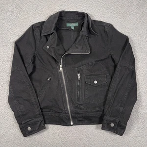 LRL Lauren Jeans Co. Moto Denim Jacket Womens XL Black Zip Polo Ralph Biker - Picture 1 of 8
