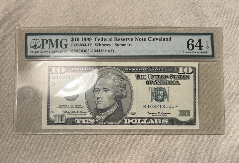 1999 $10 Federal Reserve Note star (Cleveland) PMG 64 EPQ - Image 1 of 2