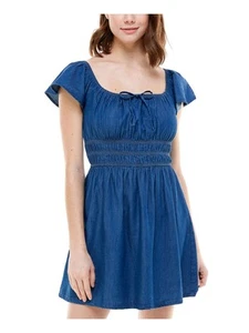 Rosie Harlow Womens Denim Tie On & Flutter Sleeve Mini Fit + Flare Dress - Picture 1 of 8