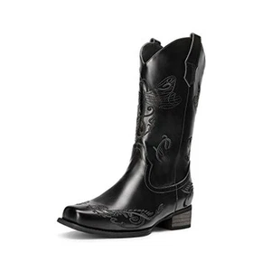 Women's Square Toe Cowboy Cowgirl Boots Pull On Low Chunky Heel Mid Calf - Picture 1 of 6