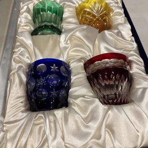 4 Vintage FABERGE international luxury engraved Colored Crystal glasses - Picture 1 of 14