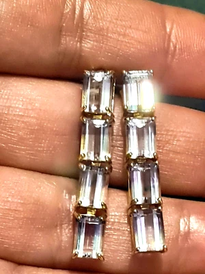 9ct Gold Large Purple Ametrine Articulated Bar Drop Earrings 375 Emerald Cut  - Image 1 of 4