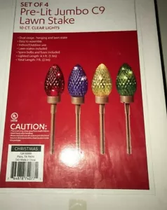 Christmas Stake Pathway Lights Pre-Lit Jumbo Set of 4 C9 Lawn Garden Stakes RARE - Picture 1 of 4