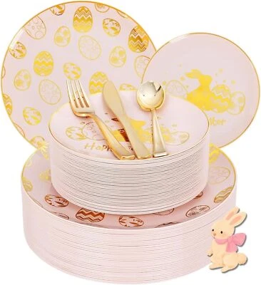 150Pcs Easter Dinnerware Set Pink Plates Gold Bunny Cutlery for Spring Party - Image 1 of 4