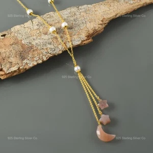 Natural Peach moonstone Yellow Gold Vermeil Wife Boho Chain Engagement Necklace - Picture 1 of 8