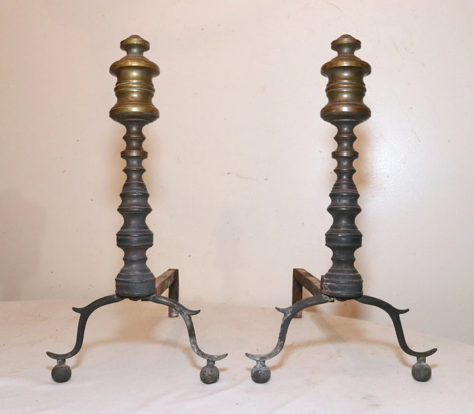 pair 18th century turned peened brass wrought iron Georgian andirons 1700's  - Image 1 of 4