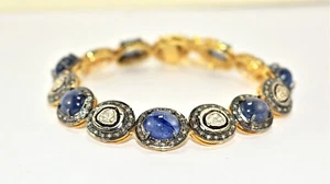 Polki Pave Diamond Bracelet, Sapphire Braceley,925 Sterling Silver, Gold Plated - Picture 1 of 4