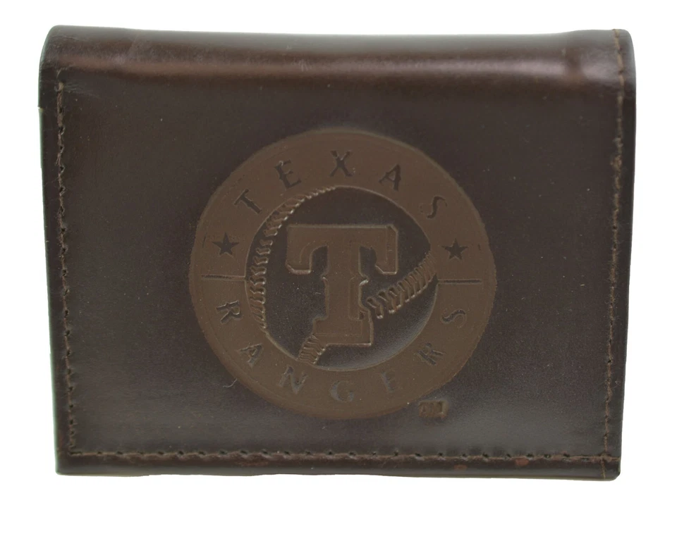 Texas Rangers Officially Licensed MLB Brown Leather Tri Fold Wallet - Image 1 of 3