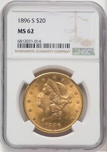 1896 S US Gold $20 Liberty Head Double Eagle - NGC MS 62