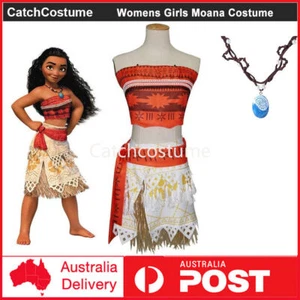 Womens Girls Moana Princess Cosplay Costume Dress with Necklace Halloween Outfit - Picture 1 of 8