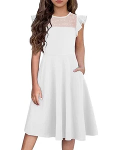 Girls Summer Party Dress Wedding Ruffle Sleeve Mesh A-Line Dress with Pockets - Picture 1 of 5