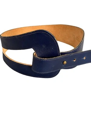 Vintage LEATHER Navy Blue 4" Wide Asymmetrical Retro Adjustable New York small - Image 1 of 4