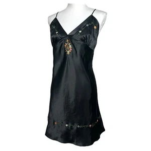 Vintage Y2K Slip Dress L Black Embroideredd Satin Whimsigoth Nightgown Delicates - Picture 1 of 9