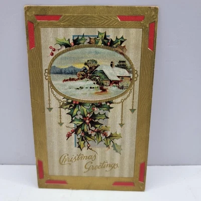 Douglass Christmas Holly Winter Cottage Gold Border Embossed 1909 Postcard - Image 1 of 2