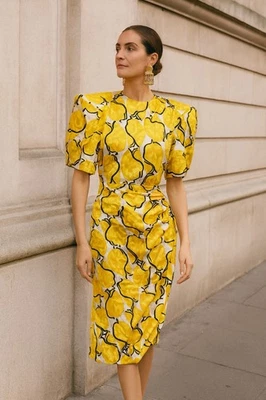 Antigo Vestido Carolina Herrera Neiman Marcus 10 Seda Amarelo Formal Elegante Anos 90 - Imagem 1 de 4