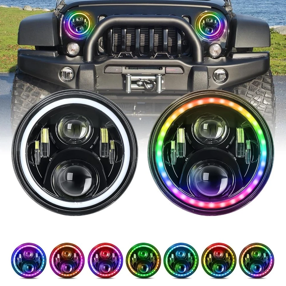 2x 7inch LED Projector Headlights RGB Halo Angel Eye DRL for Jeep Wrangler JK TJ