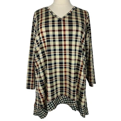 Logo Lori Goldstein Top Women 3X Brown Mixed Plaid Tunic Asymmetric Boho Comfort Foto 1 de 4