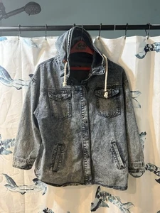 Pure Hype Denim Jean Jacket M Hooded Long Sleeves Pockets Y2K Retro Vintage - Picture 1 of 5