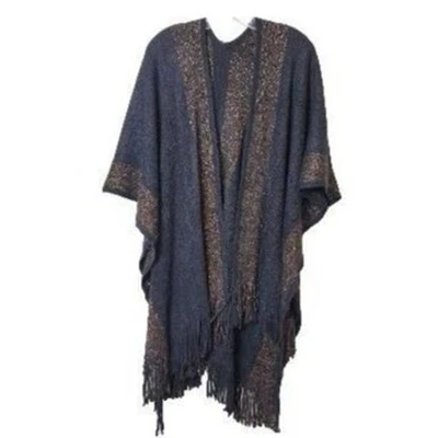 Kollie More 100% Acrylic Black & Gold Poncho Wrap w/ Fringe Womens One-Size New! - Image 1 of 4