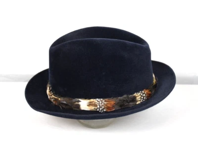 Vintage Fedora Dobbs Golden Coach Sz 7 1/8 Removable Feather Band Midnight Blue  - Image 1 of 4