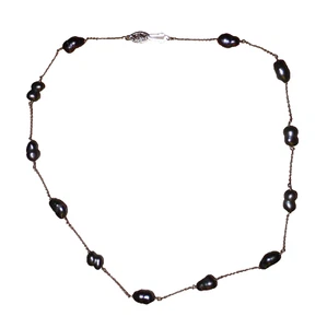 Black pearl station necklace, 14k yellow gold. - Picture 1 of 13