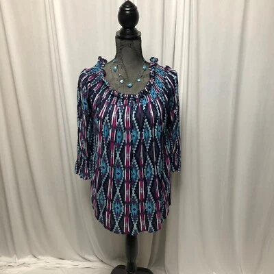 Rock and Roll Cowgirl Top Womens Sz Small Blue Fuchsia Blouse Aztec Western NEW - Image 1 of 4