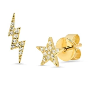 Natural Diamond Micro Star and Lightning Bolt Studs 14K Yellow Gold Fine Jewelry - Picture 1 of 2