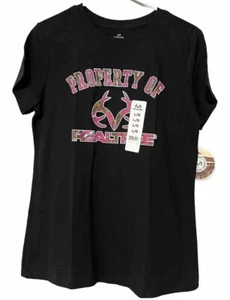 REALTREE Women's Large Black Short Sleeve T-Shirt Graphic Pink Camouflage Logo - Picture 1 of 12