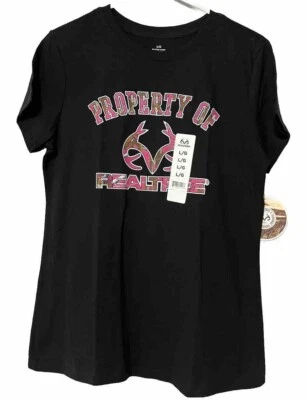 REALTREE Women's Large Black Short Sleeve T-Shirt Graphic Pink Camouflage Logo - Image 1 of 4
