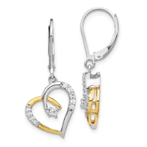 14K Yellow and White Gold Diamond Heart Leverback Earrings - Picture 1 of 5