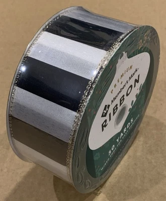 2.5" X 50 Yds Premium Holiday Wired Ribbon - Chirstmas Stripes Black/White - Image 1 of 4
