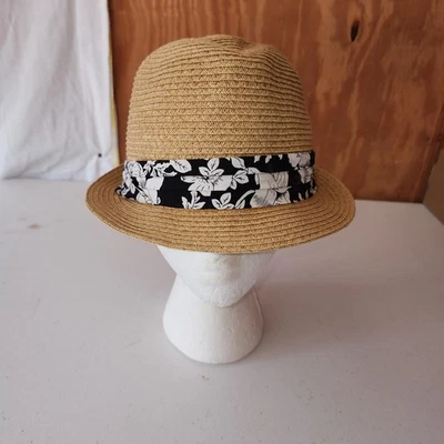 Sombrero de mujer Nine West marrón floral con bandas (blanco y negro) paja Fedora Foto 1 de 4