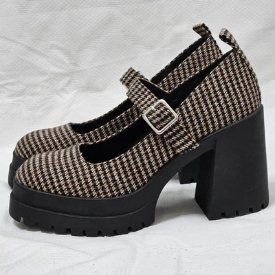 Mocasín Steve Madden Orsen Plataforma Grueso Mary Jane Para Mujer 9.5M Marrón A Cuadros Usado en Excelente Condición Foto 1 de 4