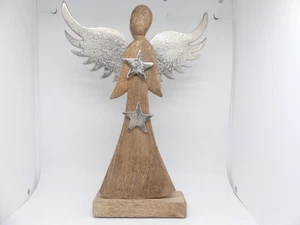 Weihnachtsfigur Engel Braun Holz Aluminium Sockel Sterne 33 cm freistehend - Bild 1 von 4