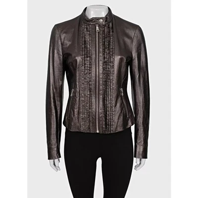 Prada Brown Leather Ruffle Jacket - Size XL (IT46) - Image 1 of 4