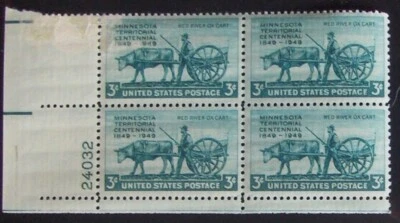 US 3¢ stamp SC #981 MINNESOTA Territorial MNH plate block w/ fault 1949. - Image 1 of 4