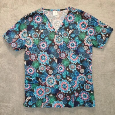 B Scrubs Medical Nursing Top Womens Tag Size 1X Black Blue Short Sleeve Pockets - Image 1 of 4