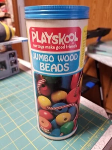VINTAGE 1974 PLAYSKOOL JUMBO WOOD 30 BEADS SET # 702 WITH CONTAINER - Picture 1 of 3