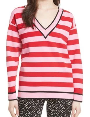 Diane Von Furstenberg Pink Red Black Striped V-Neck Knit Pullover Sweater Top M - Image 1 of 4