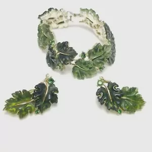 Set orecchini bracciale foglia lucite vintage Lisner, verde firmato, pezzo libro - Foto 1 di 10