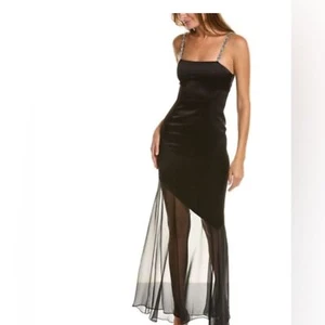 Alice + Olivia FIFI CRYSTAL-STRAP ASYMMETRIC SATIN MAXI GOWN DRESS IN BLACK - Picture 1 of 7