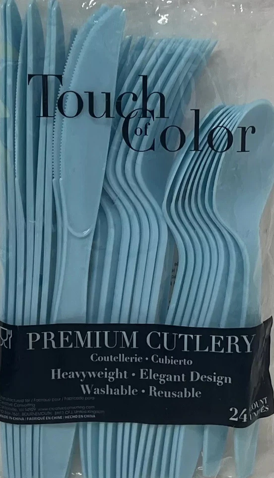 Pastel Blue Heavy Duty Plastic Cutlery Assort. 24 Pack Tableware Party Supplies - Image 1 of 1